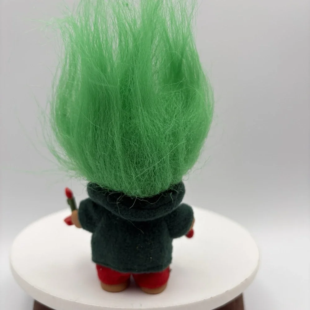 Vintage Christmas Caroler Elf Lucky Troll Doll by Russ Green Hair & Candlestick